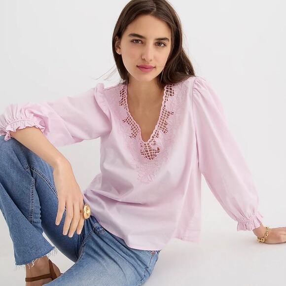 J. Crew S V-Neck Top Eyelet Trim Pink BL038 Spring Summer - Picture 1 of 10